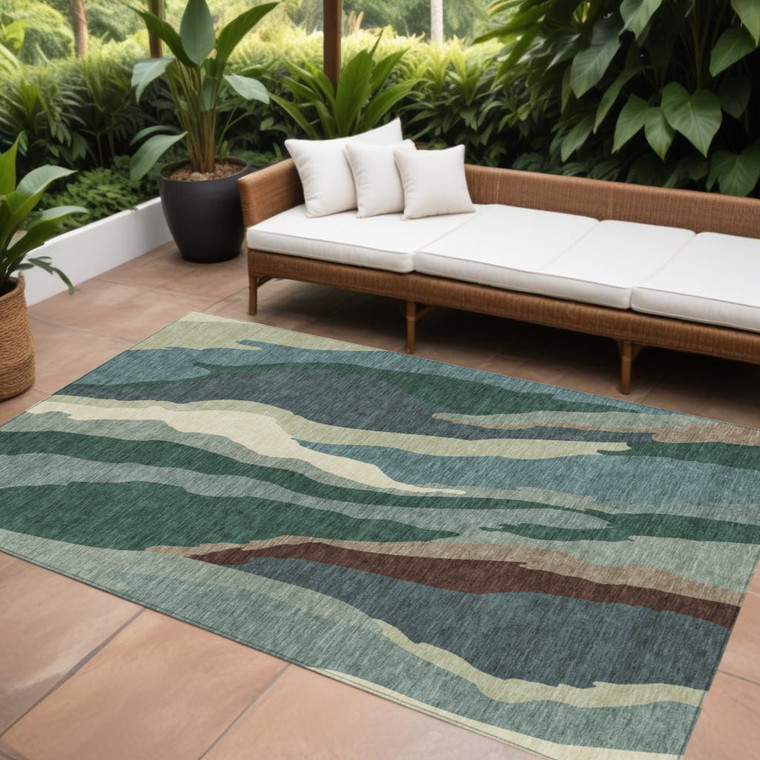 9' X 12' Sage Brown And Beige Abstract Washable Indoor Outdoor Area Rug