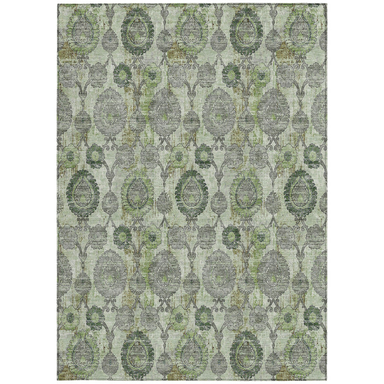 8' X 10' Artichoke Green And Fern Green Damask Washable Indoor Outdoor Area Rug