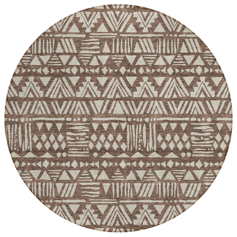 8' Brown And Beige Round Southwestern Washable Indoor Outdoor Area Rug Transitional Style - Brown, Beige Color