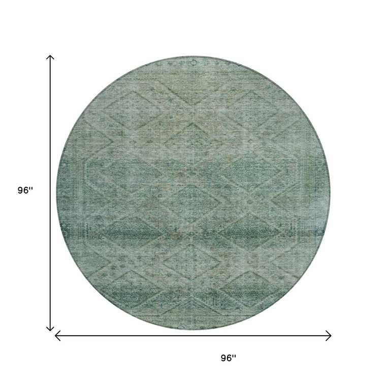 8' Teal Blue And Ivory Round Geometric Washable Indoor Outdoor Area Rug - Teal Blue, Ivory