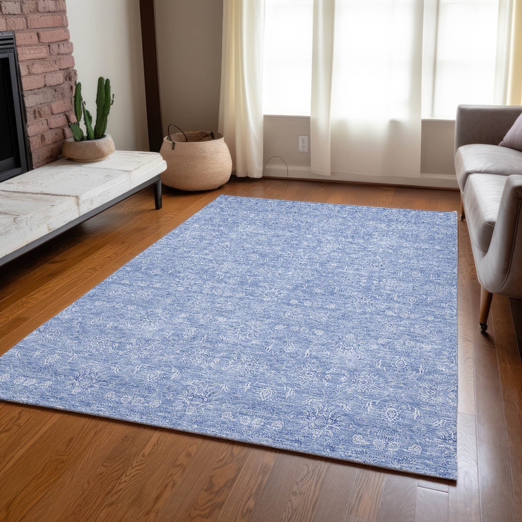 10' X 14' Sky Blue And Ivory Floral Washable Indoor Outdoor Area Rug