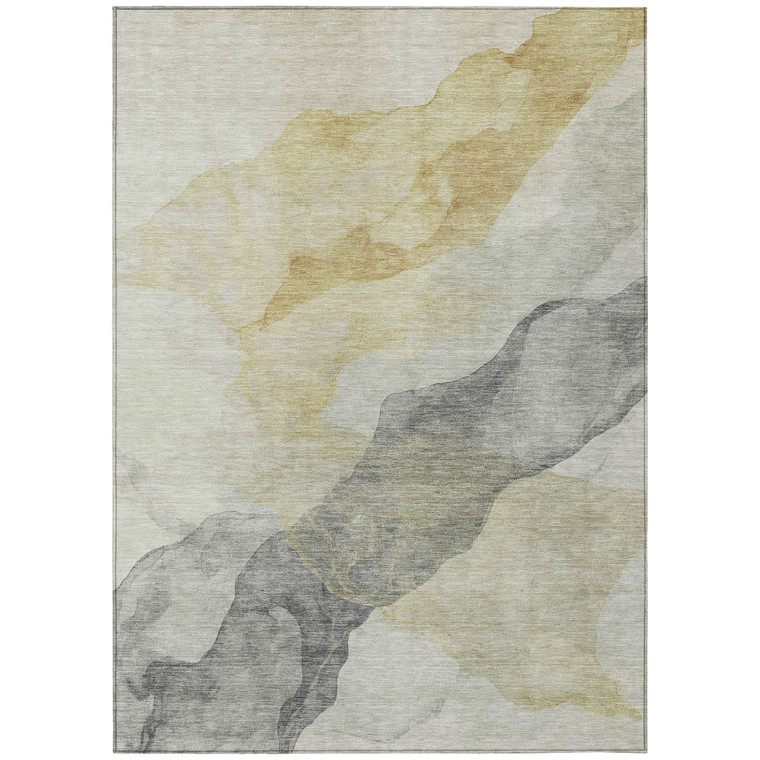 9' X 12' Beige And Gold Abstract Washable Indoor Outdoor Area Rug