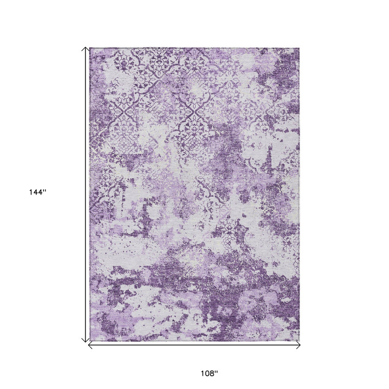9' X 12' Lavender Purple And Lilac Floral Washable Indoor Outdoor Area Rug