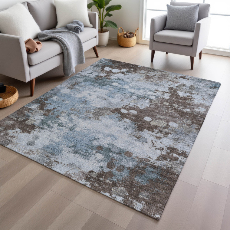 9' X 12' Sky Blue And Brown Abstract Washable Indoor Outdoor Area Rug