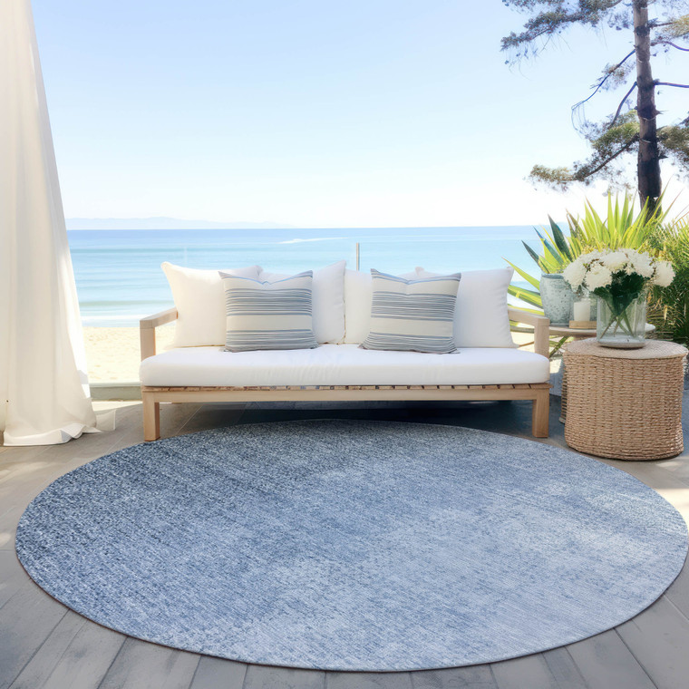 8' Navy Blue And Sky Blue Round Abstract Washable Indoor Outdoor Area Rug Transitional Style - Navy Blue, Sky Blue Color