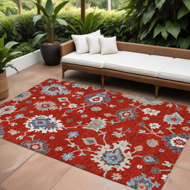 8' X 10' Red Gray And Taupe Floral Washable Indoor Outdoor Area Rug