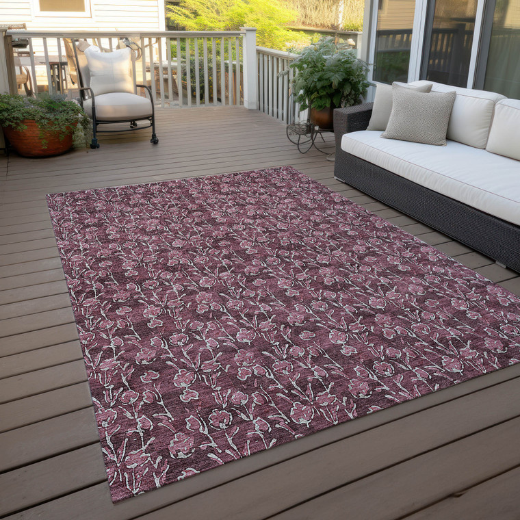 8' X 10' Merlot Mauve And Ivory Floral Washable Indoor Outdoor Area Rug