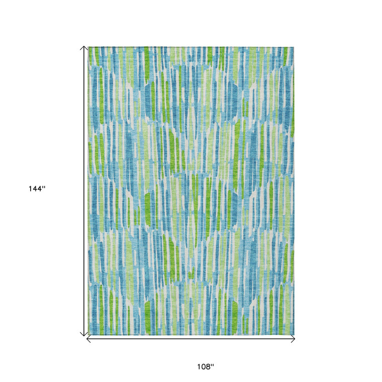 9' X 12' Aqua Teal Blue And Lime Green Abstract Washable Indoor Outdoor Area Rug