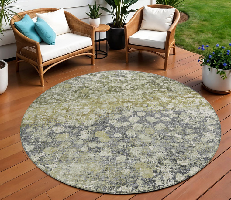8' Olive Green And Gray Round Abstract Washable Indoor Outdoor Area Rug - Olive Green, Gray