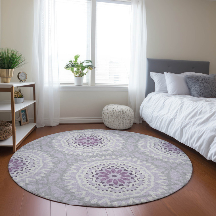 8' Lilac Purple And Ivory Round Floral Medallion Washable Indoor Outdoor Area Rug