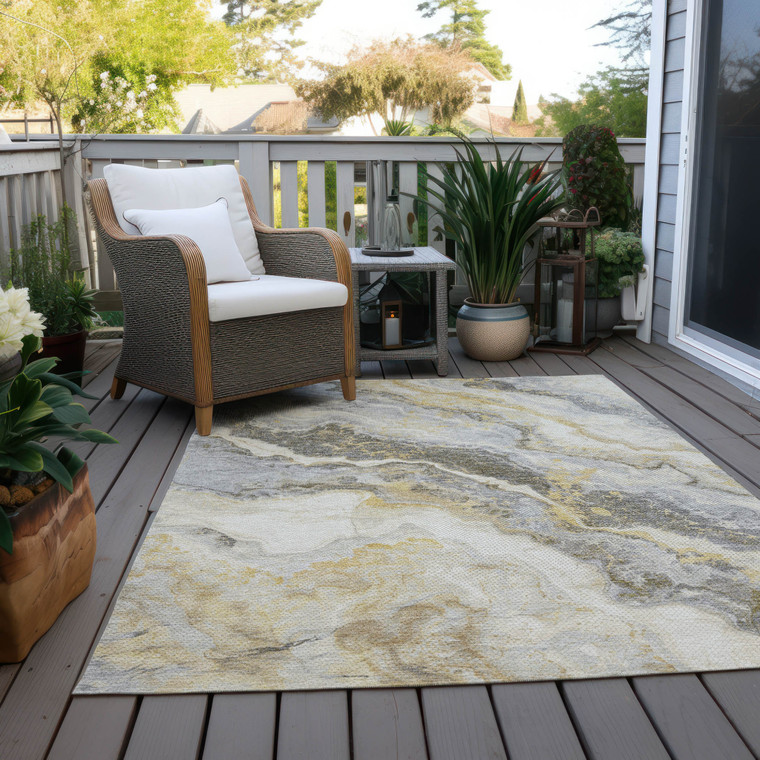 8' X 10' Gold And Silver Abstract Washable Indoor Outdoor Area Rug - 880016445305