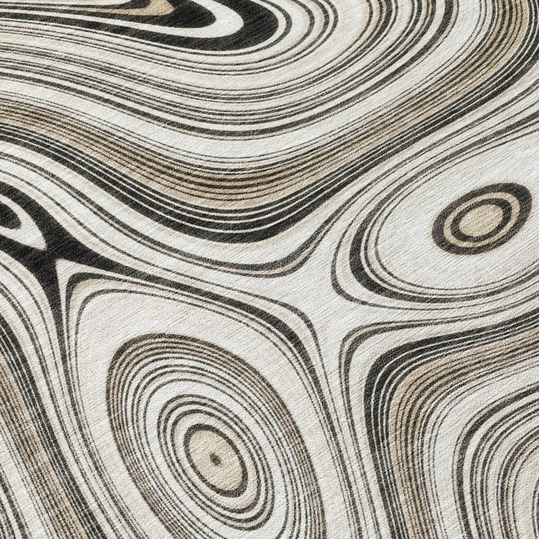 8' Ivory And Charcoal Round Geometric Washable Indoor Outdoor Area Rug