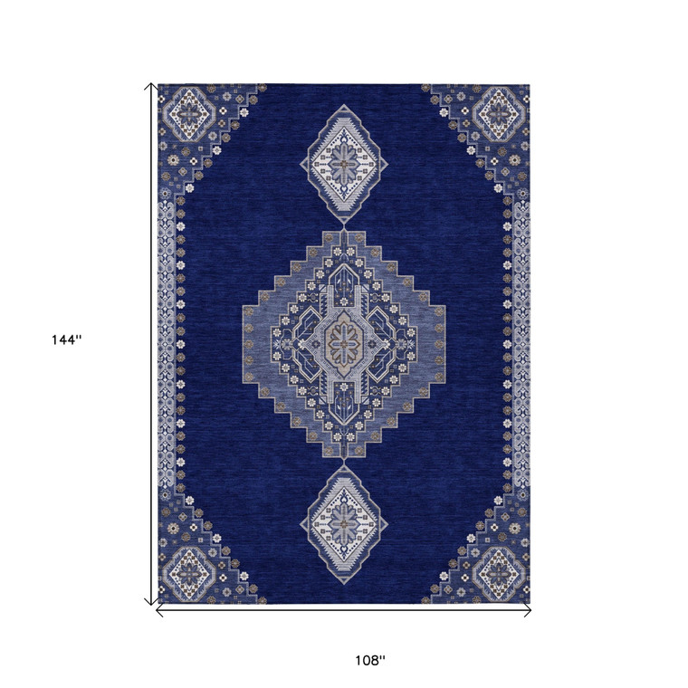 9' X 12' Navy Blue Gray And Brown Oriental Washable Indoor Outdoor Area Rug