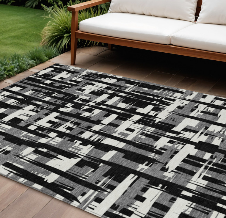 10' X 14' Black Gray And Ivory Striped Washable Indoor Outdoor Area Rug - Black, Gray, Ivory