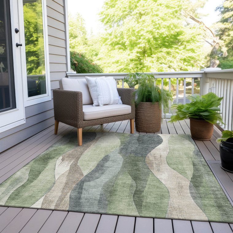 9' X 12' Fern Green And Gray Abstract Washable Indoor Outdoor Area Rug - 880016721904