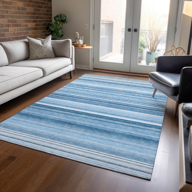 8' X 10' Blue Striped Washable Non Skid Indoor Outdoor Area Rug