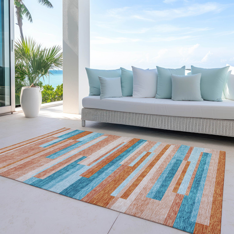 9' X 12' Orange Teal Blue And Salmon Striped Washable Indoor Outdoor Area Rug