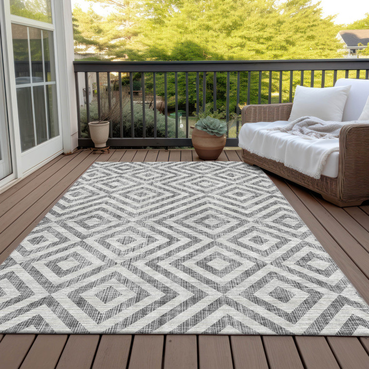 9' X 12' Gray Silver And Ivory Geometric Washable Indoor Outdoor Area Rug - 608219281199