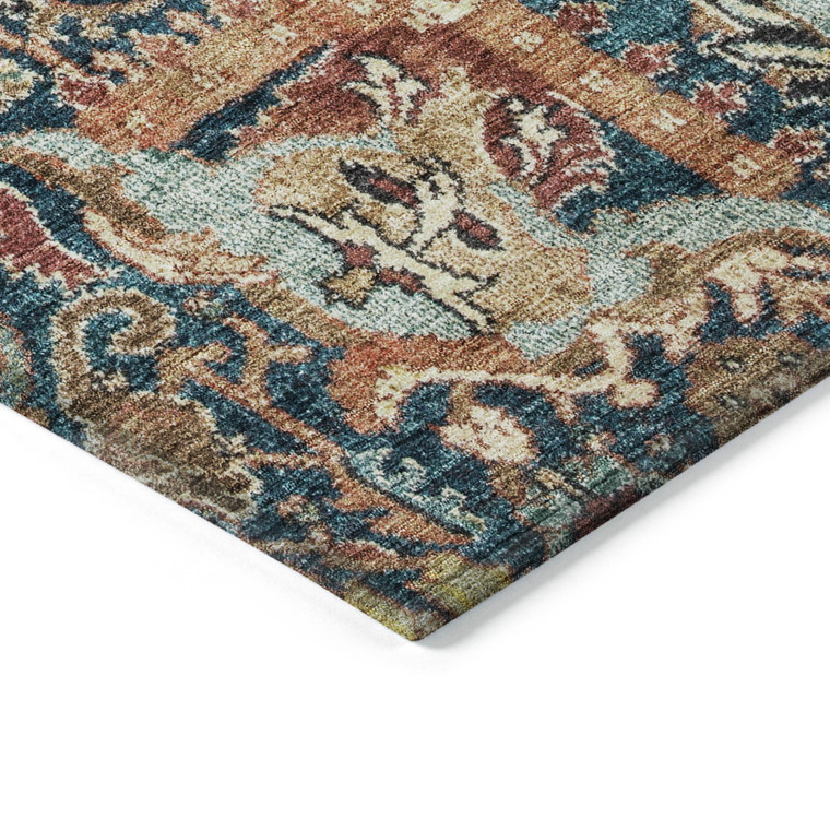 8' X 10' Navy Blue Terra Cotta And Beige Damask Washable Indoor Outdoor Area Rug