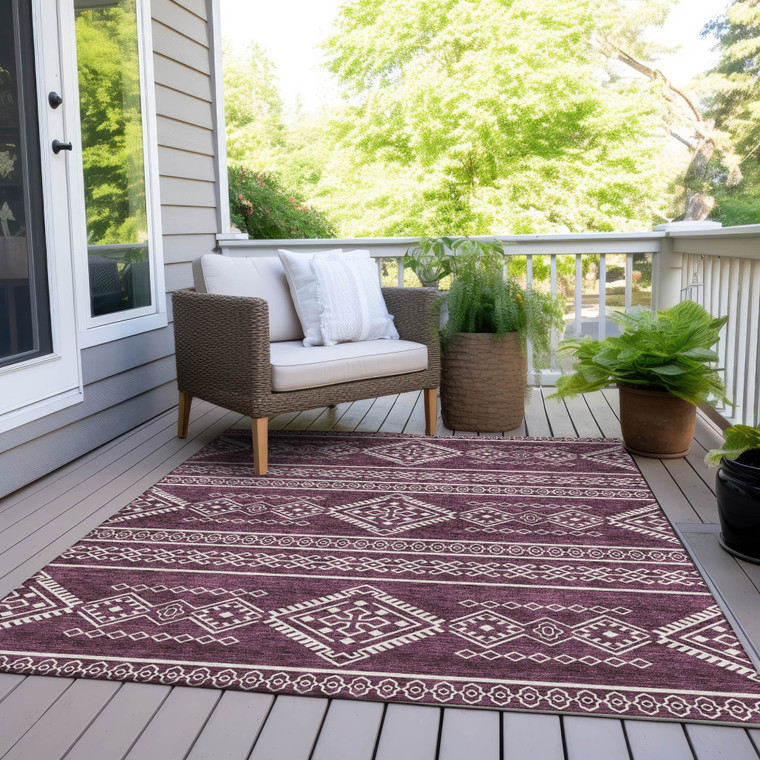 8' X 10' Eggplant And Ivory Southwestern Washable Indoor Outdoor Area Rug
