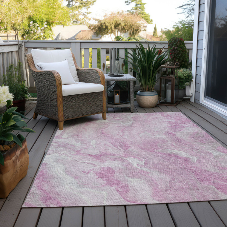 9' X 12' Pink And Silver Abstract Washable Indoor Outdoor Area Rug