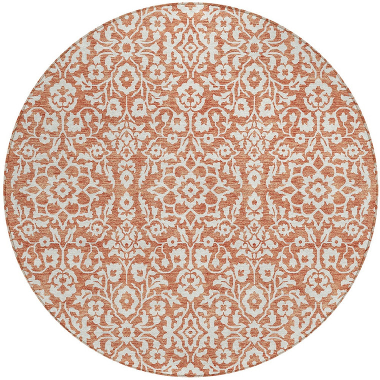 8' Coral And Ivory Round Damask Washable Indoor Outdoor Area Rug