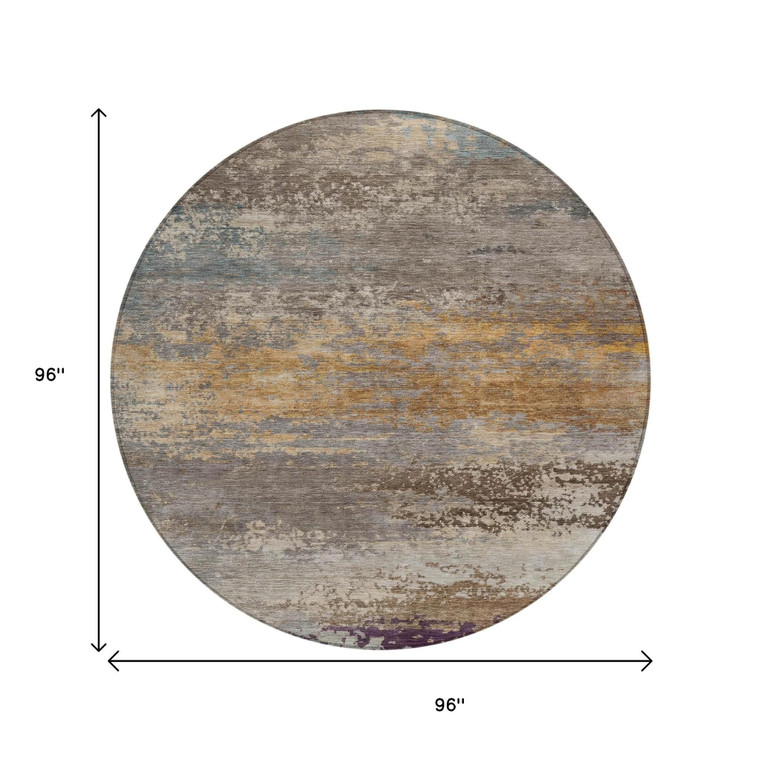 8' Brown Gray And Purple Round Abstract Washable Indoor Outdoor Area Rug