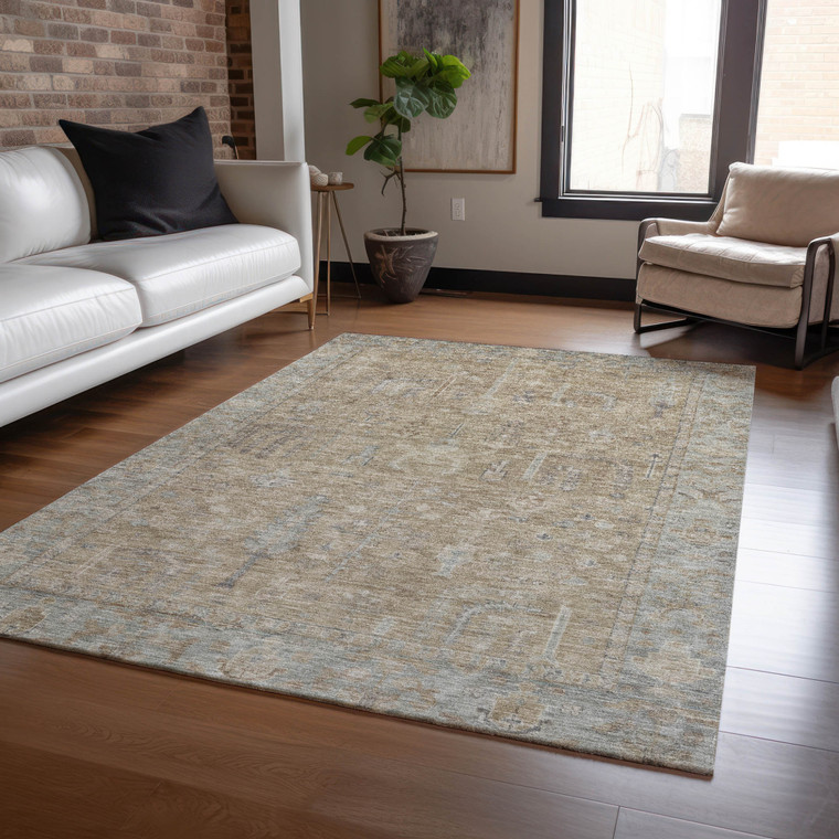 8' X 10' Tan Gray And Brown Oriental Washable Indoor Outdoor Area Rug