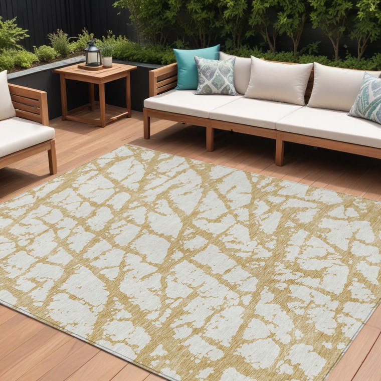 10' X 14' Gold And Ivory Abstract Washable Indoor Outdoor Area Rug - Gold, Ivory