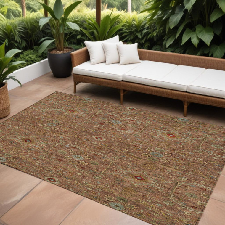 10' X 14' Brown Red And Green Floral Washable Indoor Outdoor Area Rug
