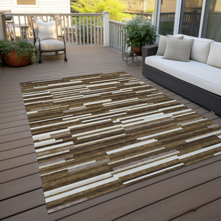 8' X 10' Brown And Ivory Striped Washable Indoor Outdoor Area Rug Transitional Style - Brown, Ivory Color