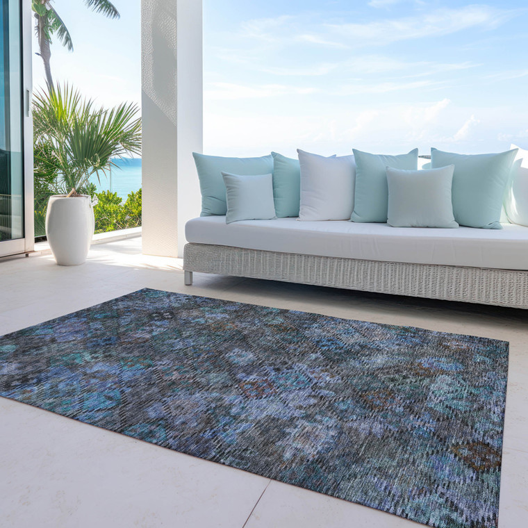 9' X 12' Teal Blue And Charcoal Floral Washable Indoor Outdoor Area Rug