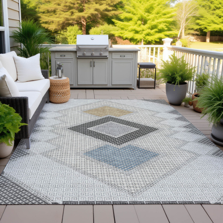 8' X 10' Gray Gold And Charcoal Geometric Washable Indoor Outdoor Area Rug
