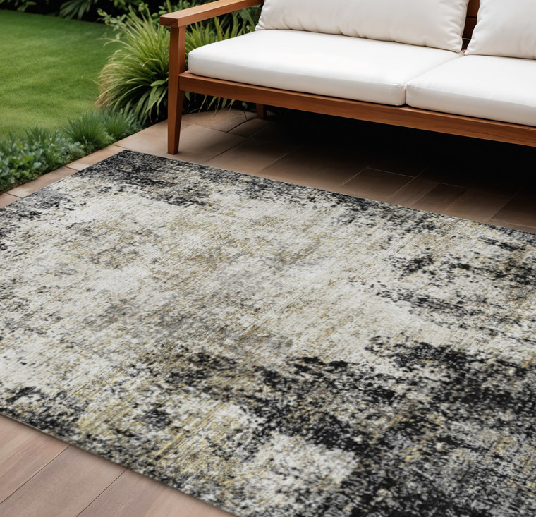 9' X 12' Black Ivory And Beige Abstract Washable Indoor Outdoor Area Rug - Black, Ivory, Beige