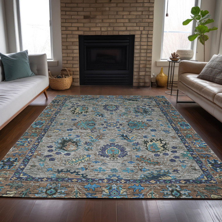8' X 10' Pewter And Teal Blue Floral Washable Indoor Outdoor Area Rug