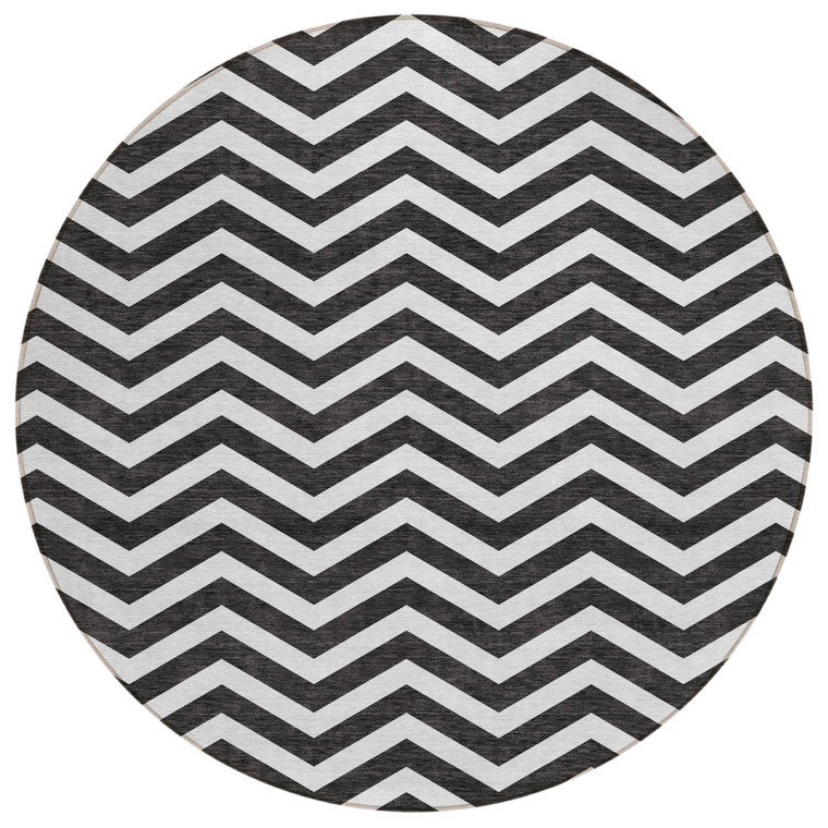 8' Black And Ivory Round Chevron Washable Indoor Outdoor Area Rug