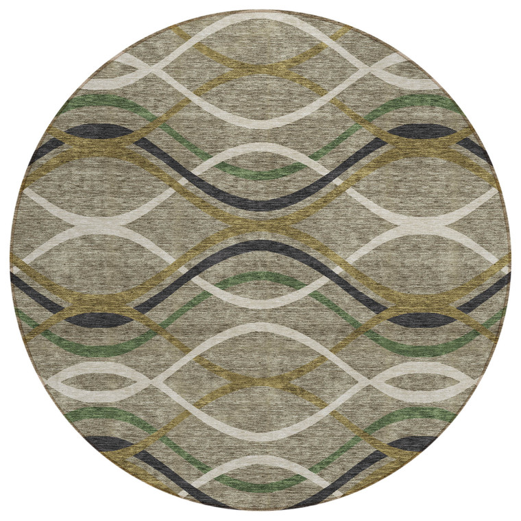 8' Taupe Beige And Charcoal Round Abstract Washable Indoor Outdoor Area Rug