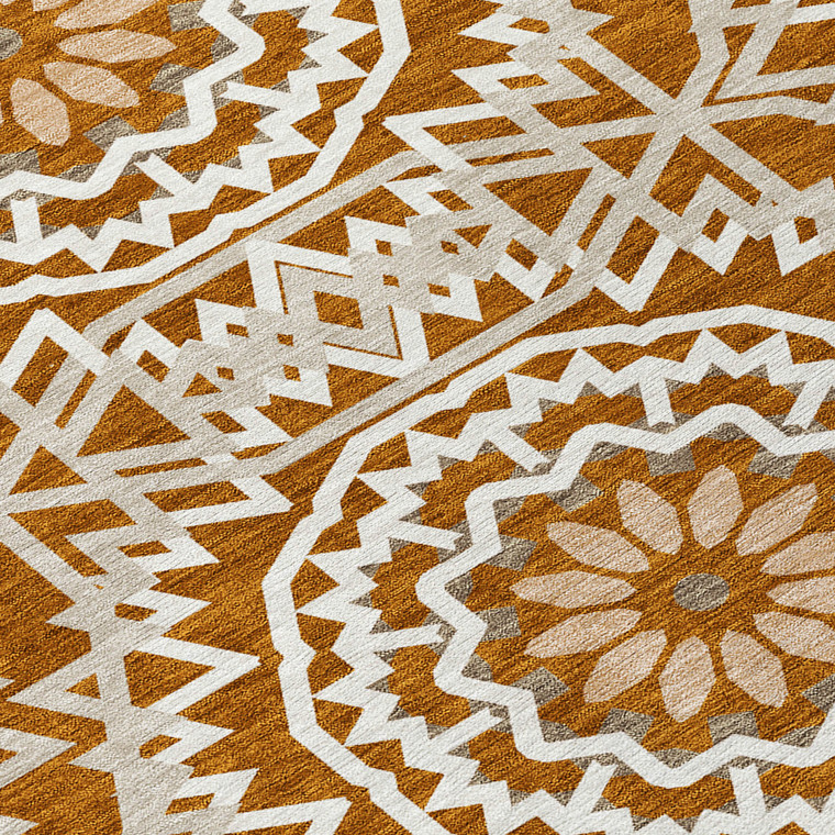 8' Orange Copper And Beige Round Floral Medallion Washable Indoor Outdoor Area Rug