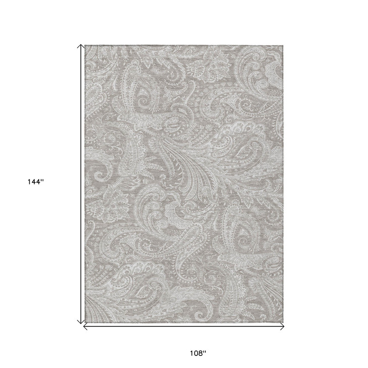 9' X 12' Taupe Beige And Ivory Paisley Washable Indoor Outdoor Area Rug