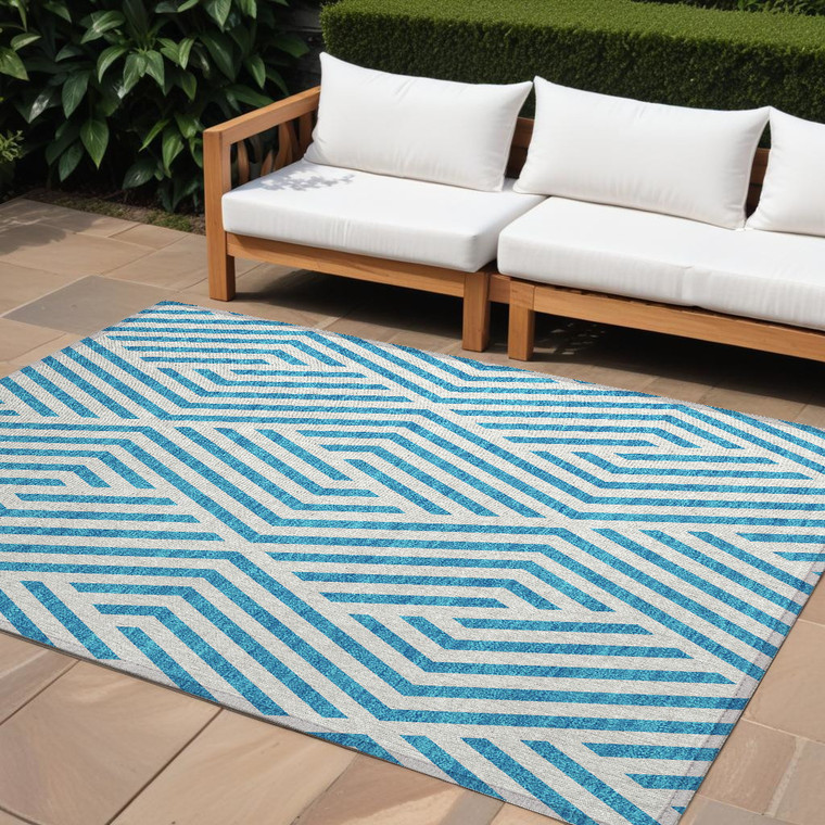 10' X 14' Teal and White Geometric Washable Non Skid Indoor Outdoor Area Rug