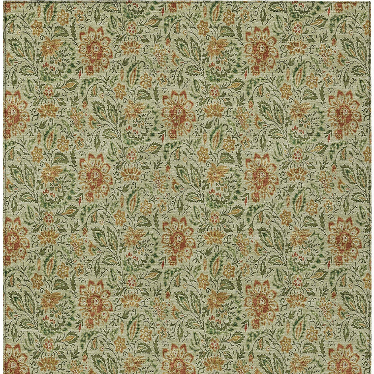 8' X 10' Green Copper And Sage Floral Washable Indoor Outdoor Area Rug