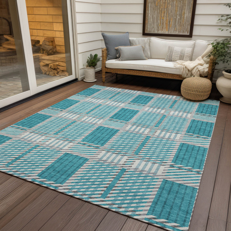 8' X 10' Teal Blue Gray And Ivory Plaid Washable Indoor Outdoor Area Rug