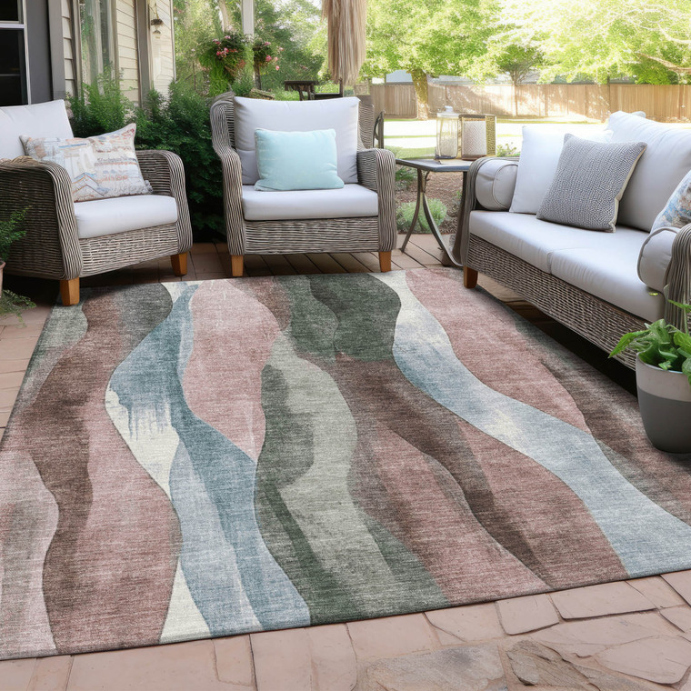 8' X 10' Salmon And Denim Blue Abstract Washable Indoor Outdoor Area Rug