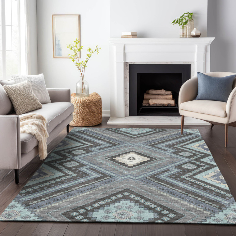 8' X 10' Pewter Charcoal And Sky Blue Tribal Washable Indoor Outdoor Area Rug