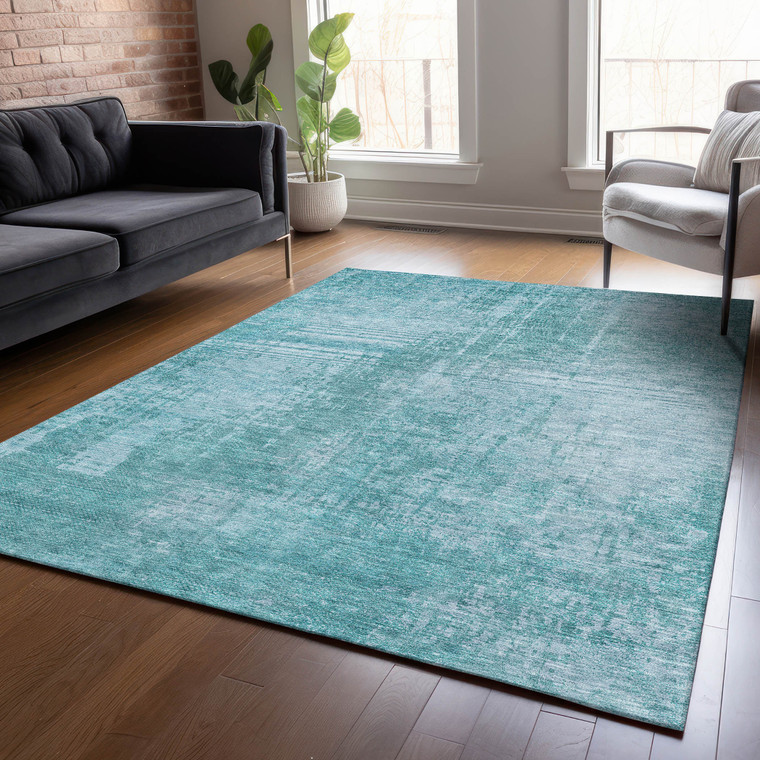 10' X 14' Aqua Teal Blue And Gray Abstract Washable Indoor Outdoor Area Rug