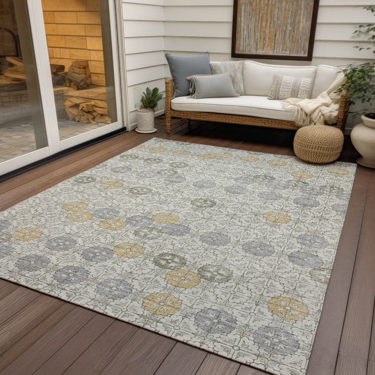 9' X 12' Ivory And Gold Geometric Washable Indoor Outdoor Area Rug