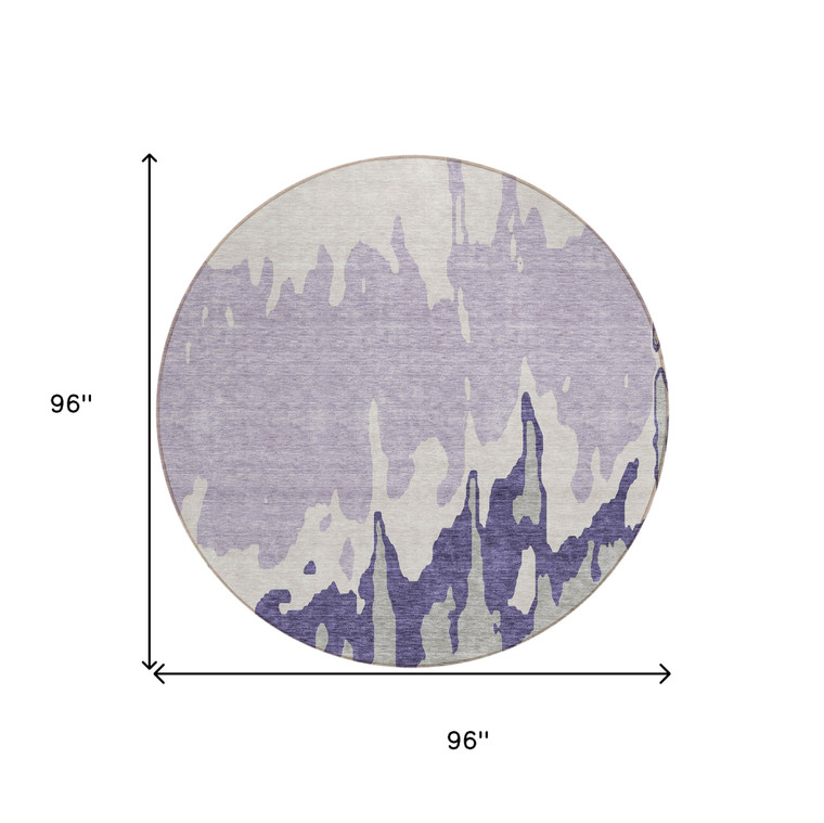 8' Purple And Ivory Round Abstract Washable Indoor Outdoor Area Rug - Purple, Ivory