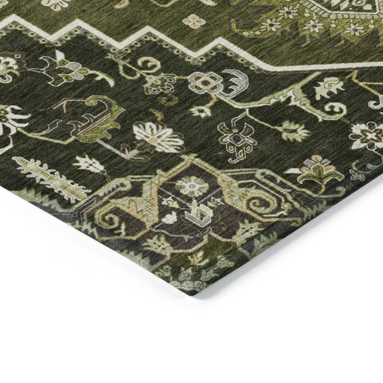9' X 12' Olive Green Ivory And Brown Oriental Washable Indoor Outdoor Area Rug