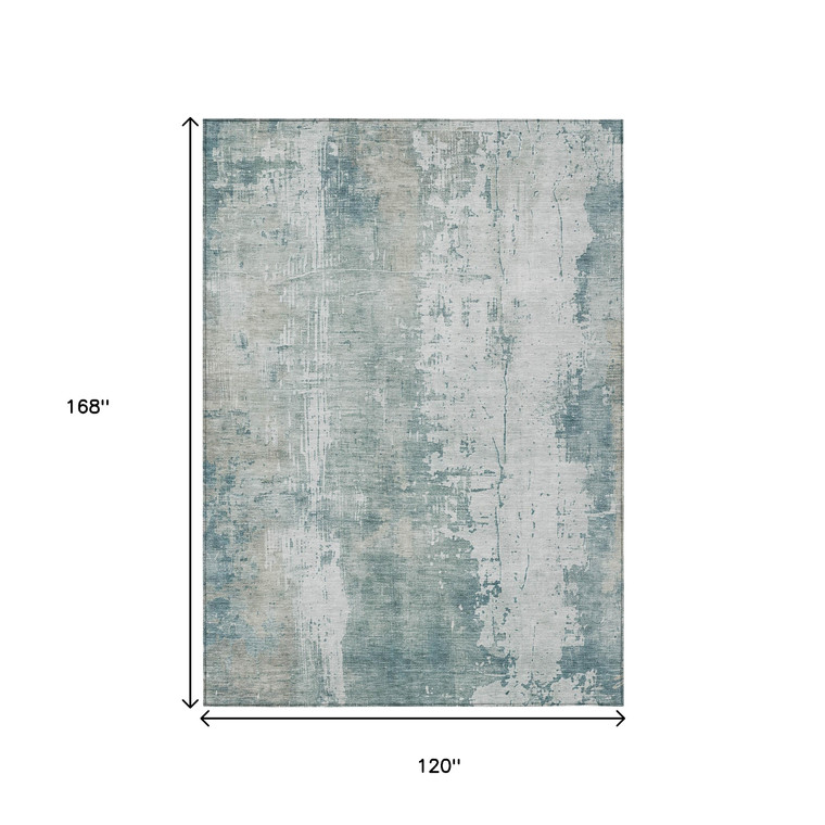 10' X 14' Turquoise And Ivory Abstract Washable Indoor Outdoor Area Rug