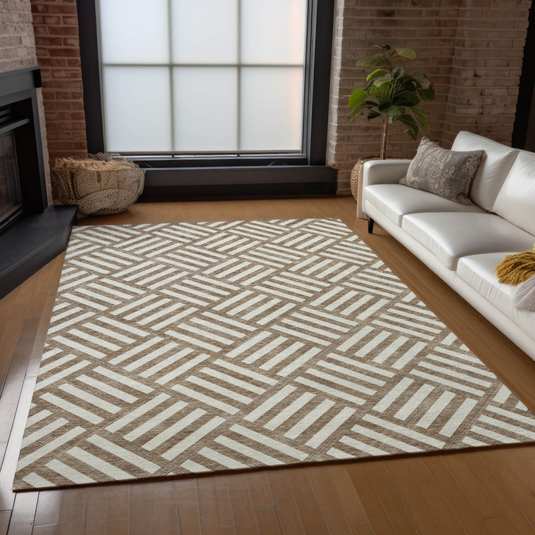 8' X 10' Brown And Ivory Geometric Washable Indoor Outdoor Area Rug